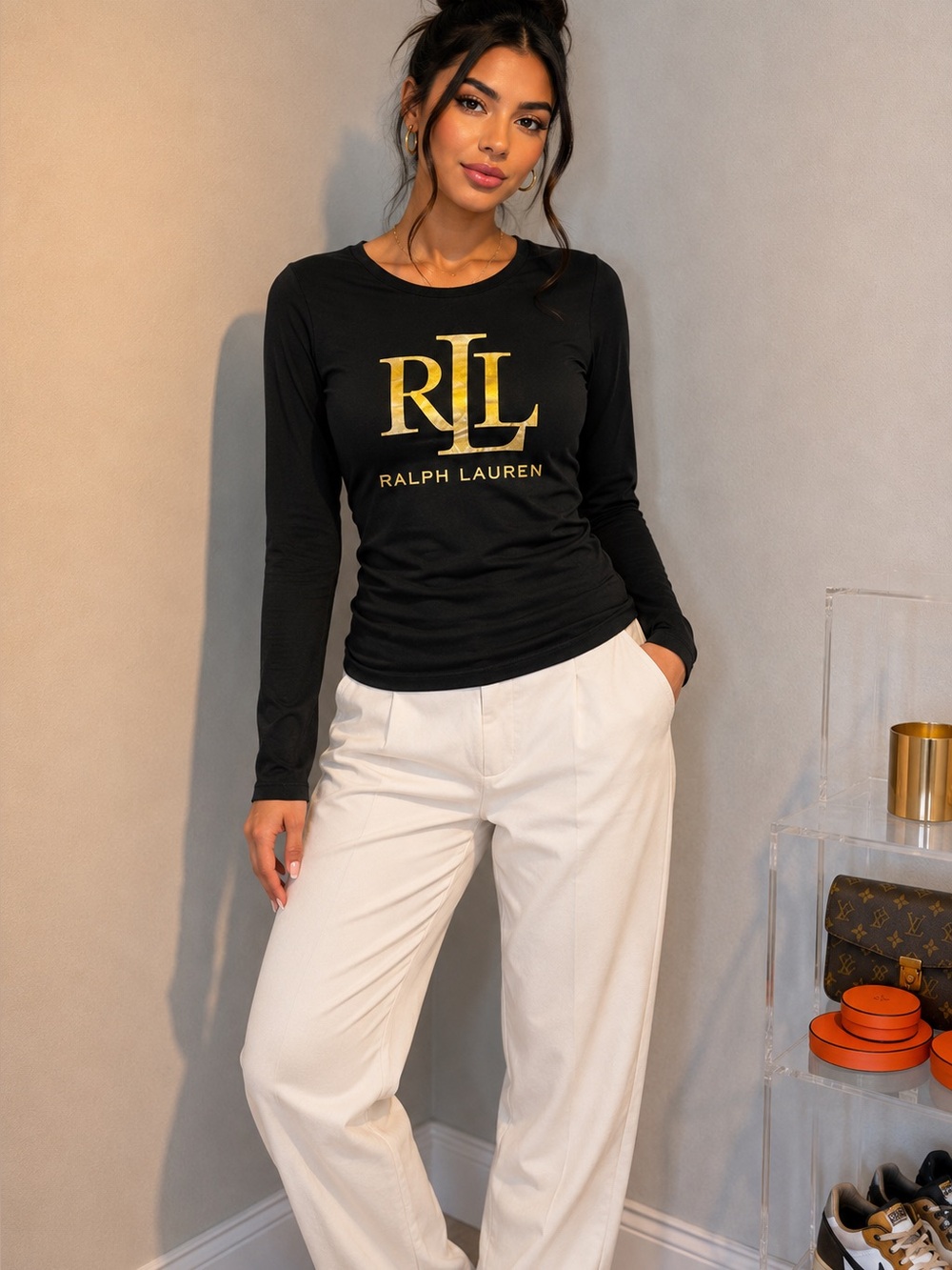 Ralph Lauren Black Long Sleeve Top with Gold RL Monogram
